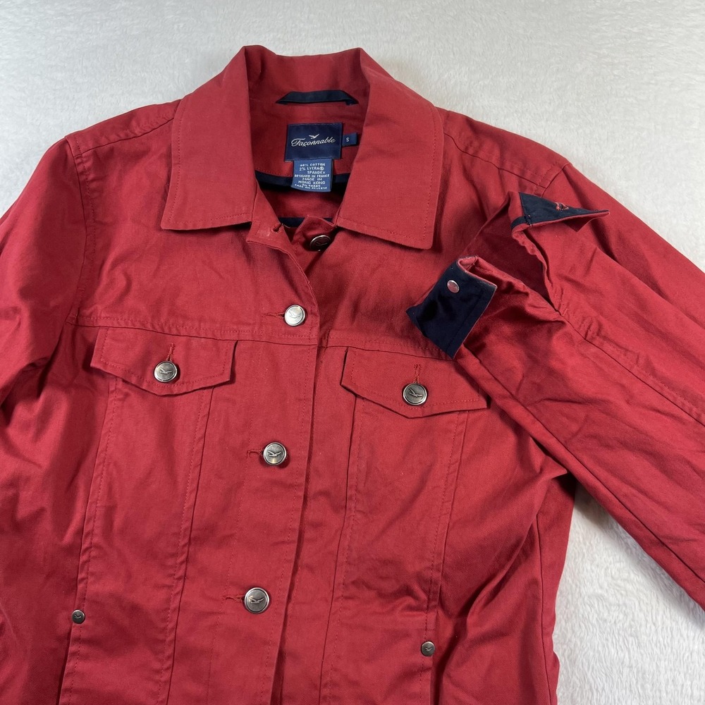 Faconnable Jacket Womens Small Red Cotton Twill Button Front Unlined Stretch